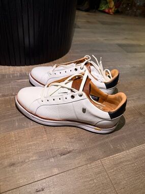 Allen Edmonds White Leather Golf Shoes with Tan and Black Accents